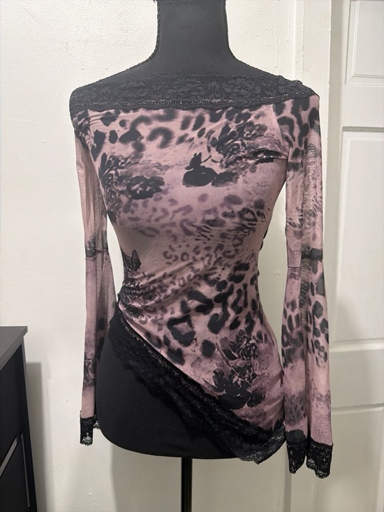 Tops - Sheer Off-Shoulder Leopard & Floral Mesh Top - Dusty Pink & Black